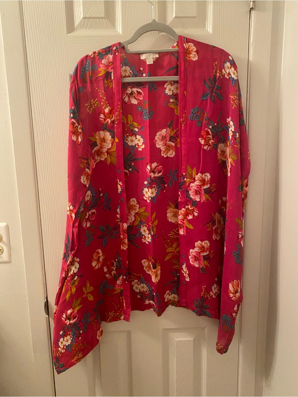LOFT Fuchsia Floral Open-Front Kimono in a Cotton/Modal Blend